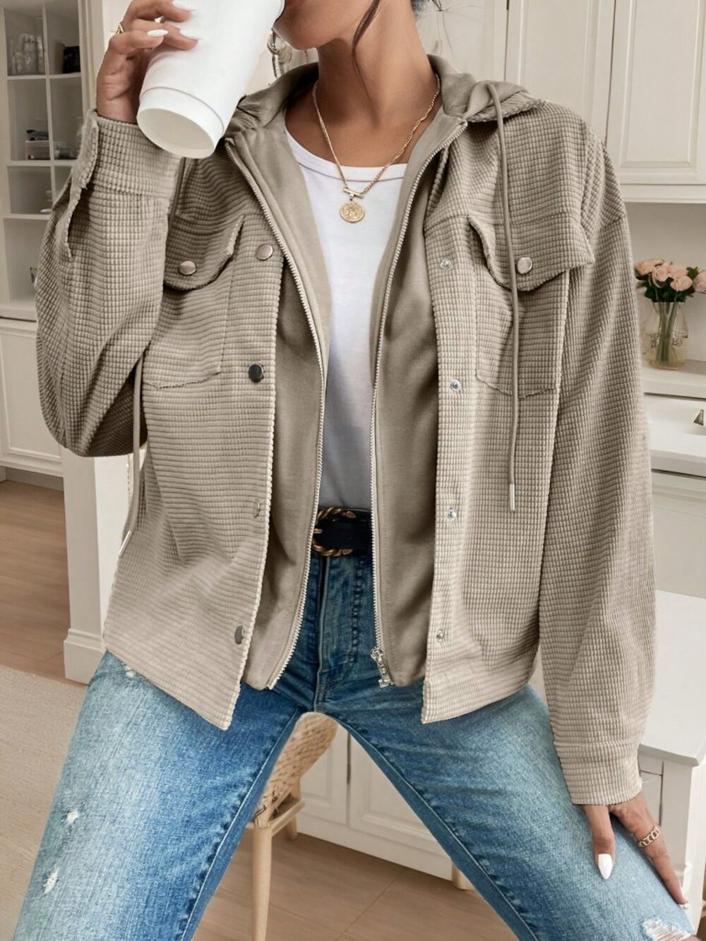 Light Grey Casual Women's Drop Shoulder Hooded Corduroy Jacket - Picture 3 of 6